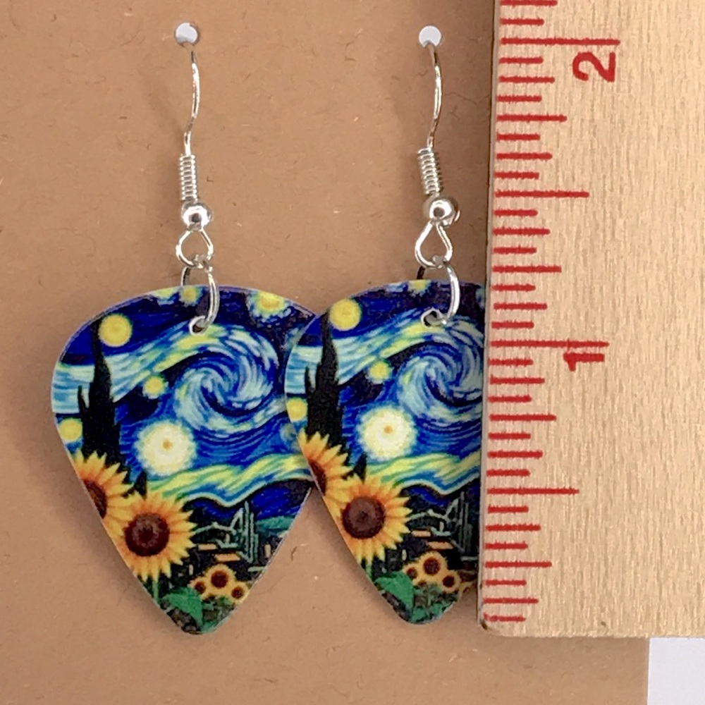 Starry Night Sunflower Custom Guitar Pick Earrings Fashion Jewelry - Picture 2 of 3